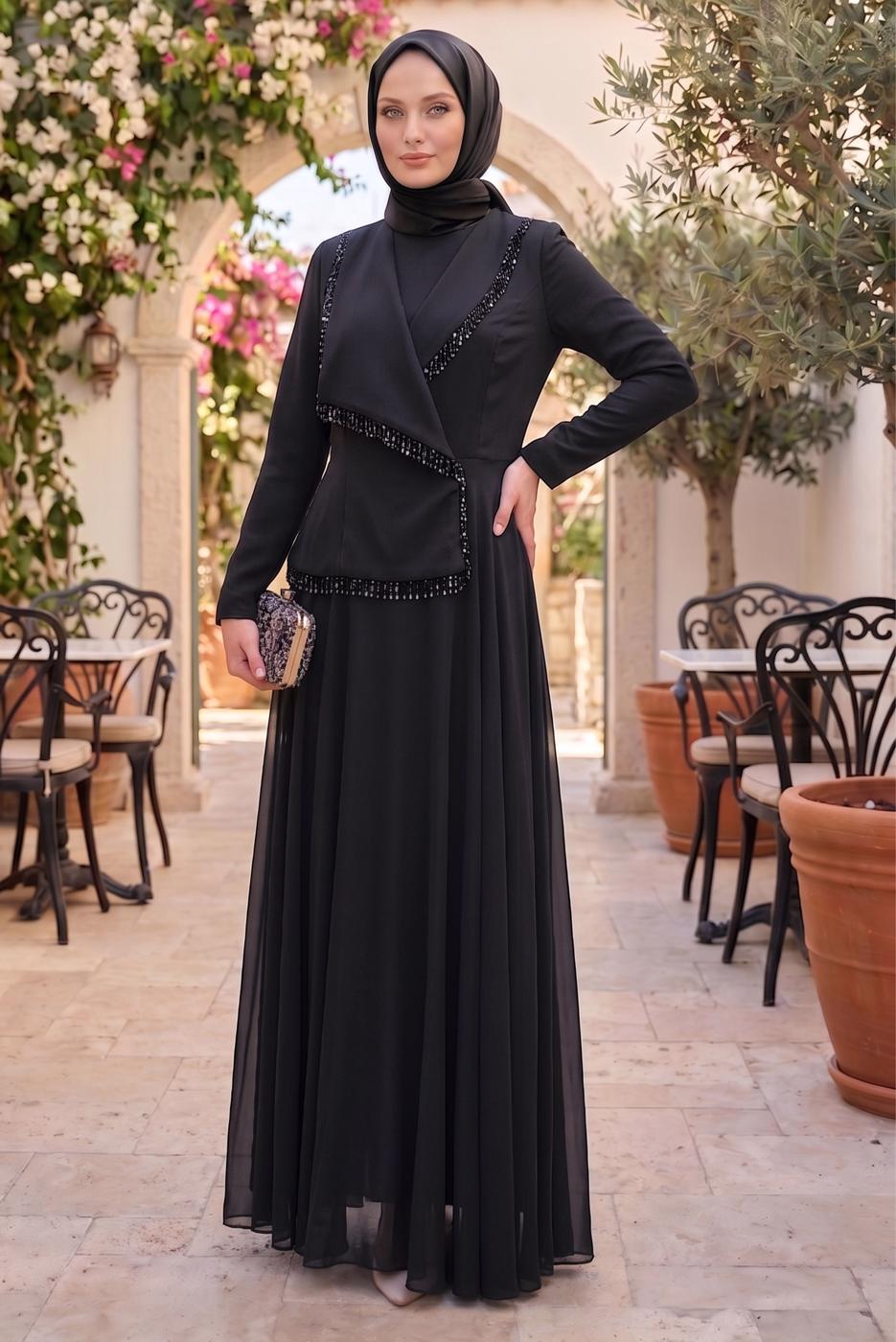 Hijab clothing BLACK BEAD DETAILED EVENING DRESS T 9884