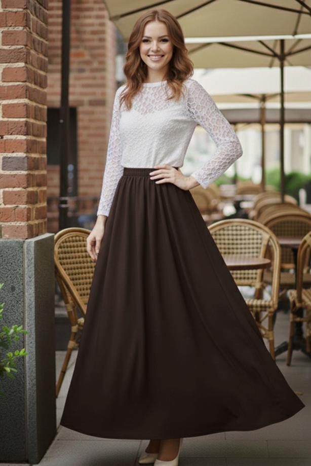 Hijab clothing BROWN ELASTIC WAIST SKIRT T 312 - TRENDTESETTÜR