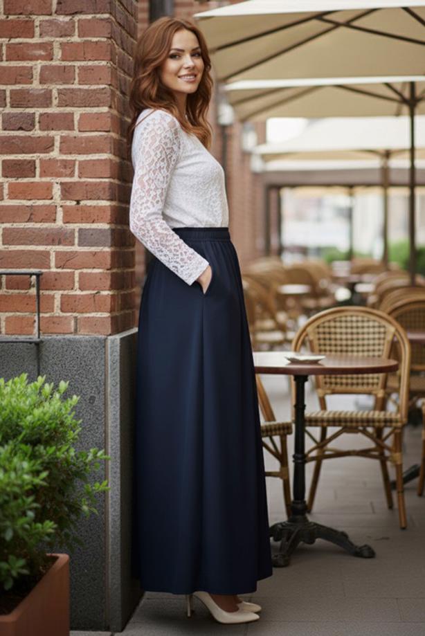 Hijab clothing NAVY BLUE ELASTIC WAIST SKIRT T 312 - TRENDTESETTÜR