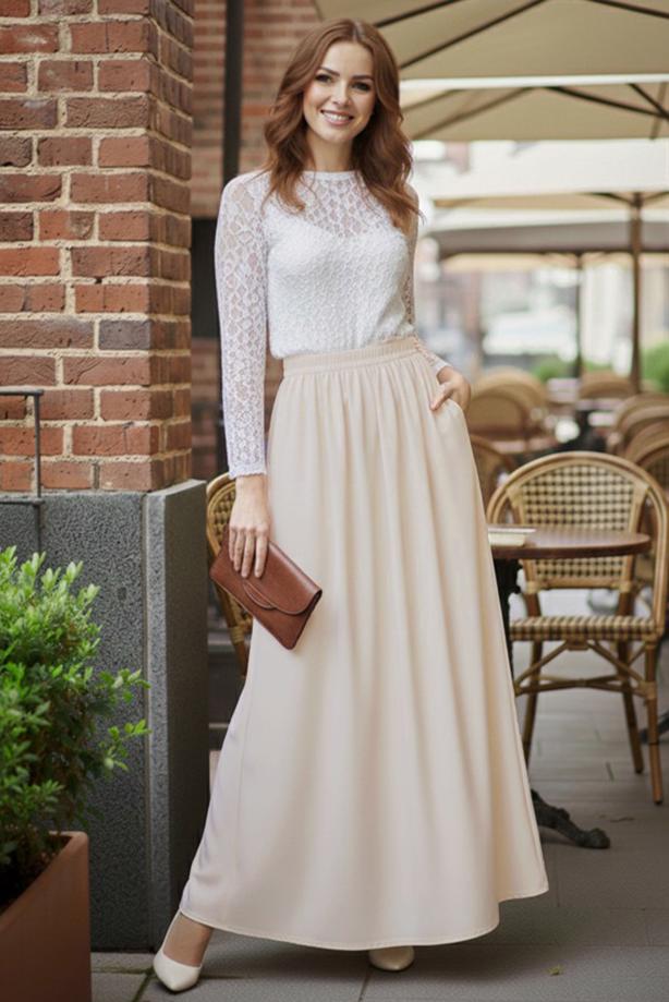 Hijab clothing BEIGE ELASTIC WAIST SKIRT T 312 - TRENDTESETTÜR