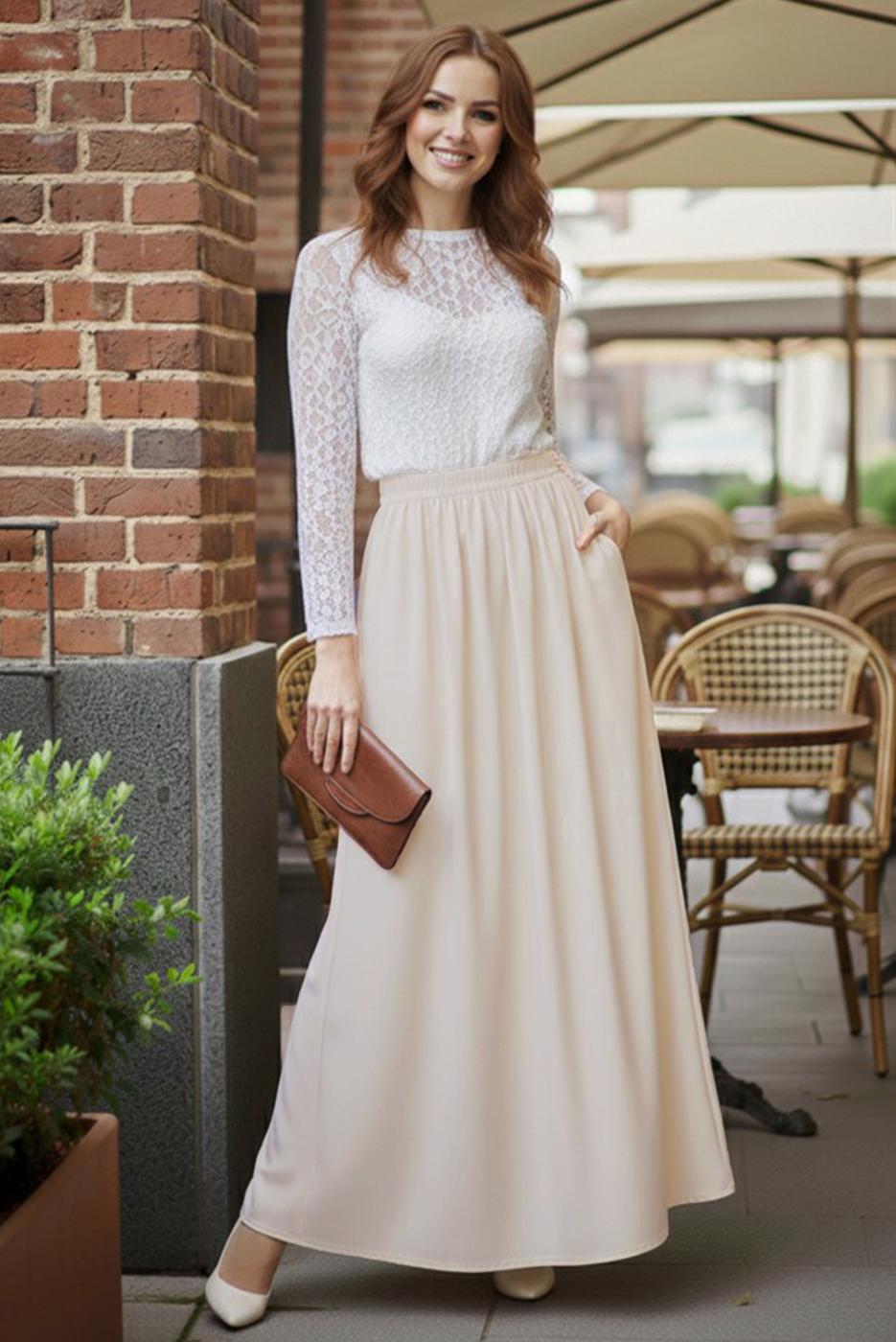 Hijab clothing BEIGE ELASTIC WAIST SKIRT T 312