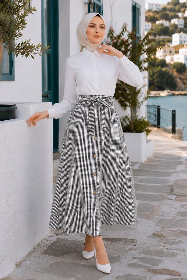 Vêtements hijab NOIR JUPE RAYÉE CEINTURÉE T 2770 - TRENDTESETTÜR