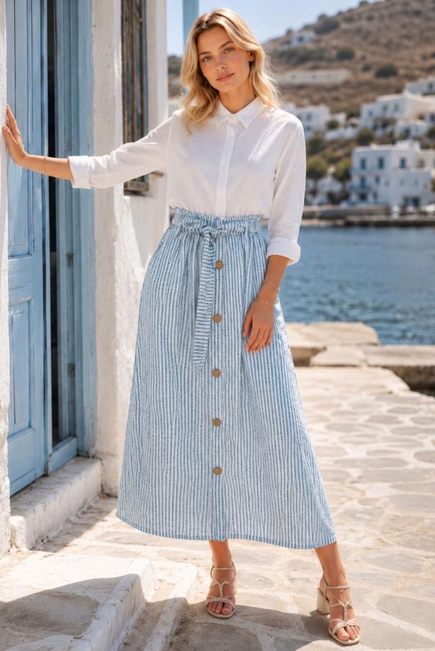 Vêtements hijab BLEU JUPE RAYÉE CEINTURÉE T 2770 - TRENDTESETTÜR