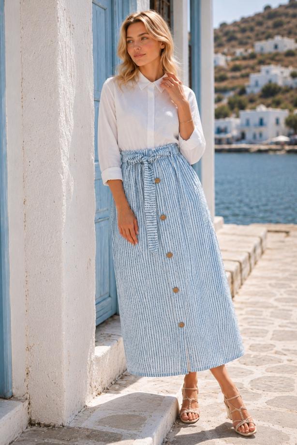 Vêtements hijab BLEU JUPE RAYÉE CEINTURÉE T 2770 - TRENDTESETTÜR