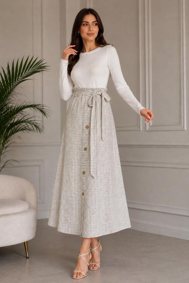 Vêtements hijab BEIGE JUPE RAYÉE CEINTURÉE T 2770 - TRENDTESETTÜR