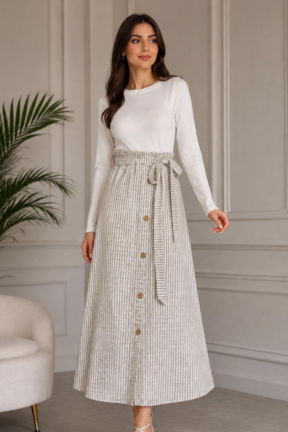 Vêtements hijab BEIGE JUPE RAYÉE CEINTURÉE T 2770