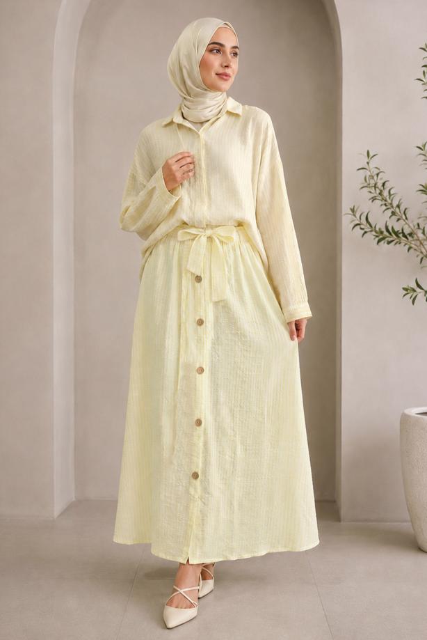 Vêtements hijab JAUNE JUPE RAYÉE CEINTURÉE T 2770 - TRENDTESETTÜR