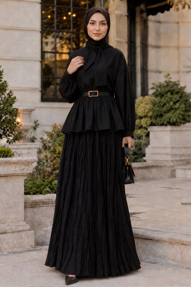 Vêtements hijab NOIR JUPE CRINKLE AVEC CEINTURE T 3701 - TRENDTESETTÜR