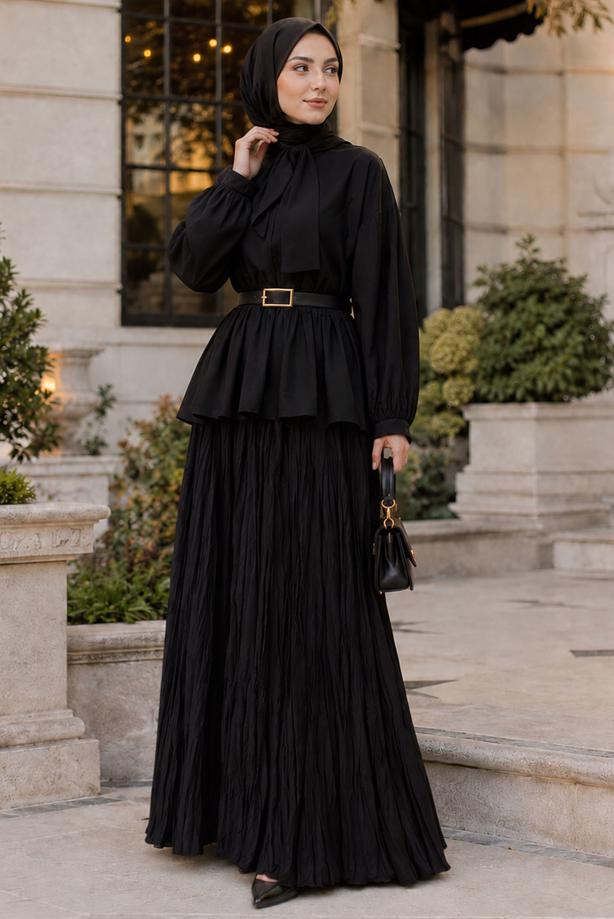 Vêtements hijab NOIR JUPE CRINKLE AVEC CEINTURE T 3701 - TRENDTESETTÜR