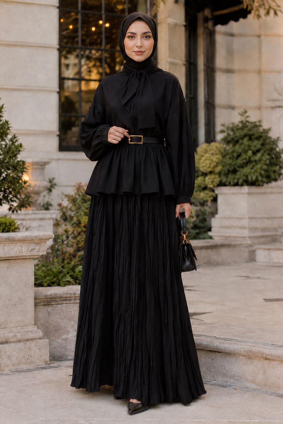 Vêtements hijab NOIR JUPE CRINKLE AVEC CEINTURE T 3701