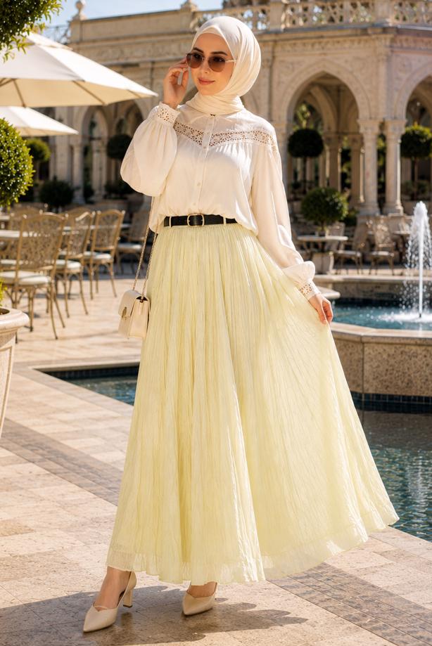 Vêtements hijab JAUNE JUPE CRINKLE AVEC CEINTURE T 3701 - TRENDTESETTÜR
