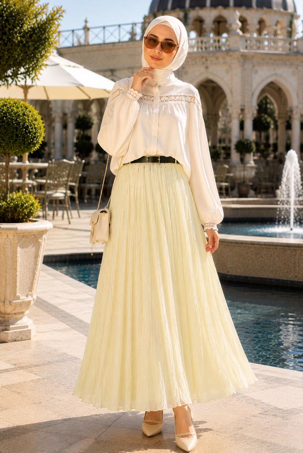 Vêtements hijab JAUNE JUPE CRINKLE AVEC CEINTURE T 3701 - TRENDTESETTÜR