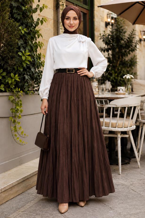 Vêtements hijab BRUN JUPE CRINKLE AVEC CEINTURE T 3701 - TRENDTESETTÜR