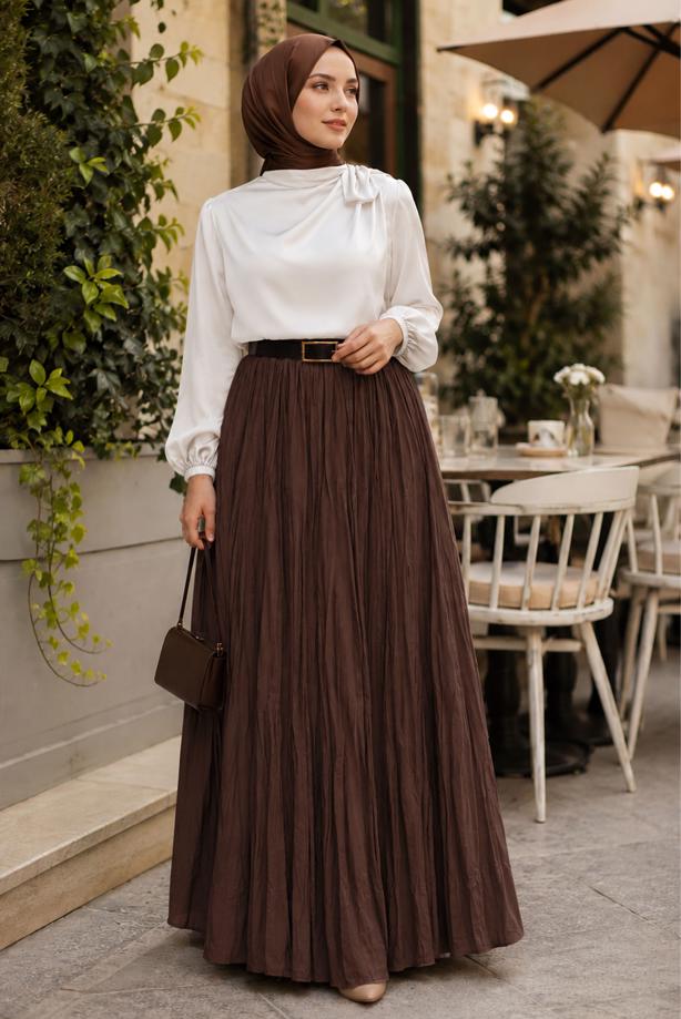 Vêtements hijab BRUN JUPE CRINKLE AVEC CEINTURE T 3701 - TRENDTESETTÜR