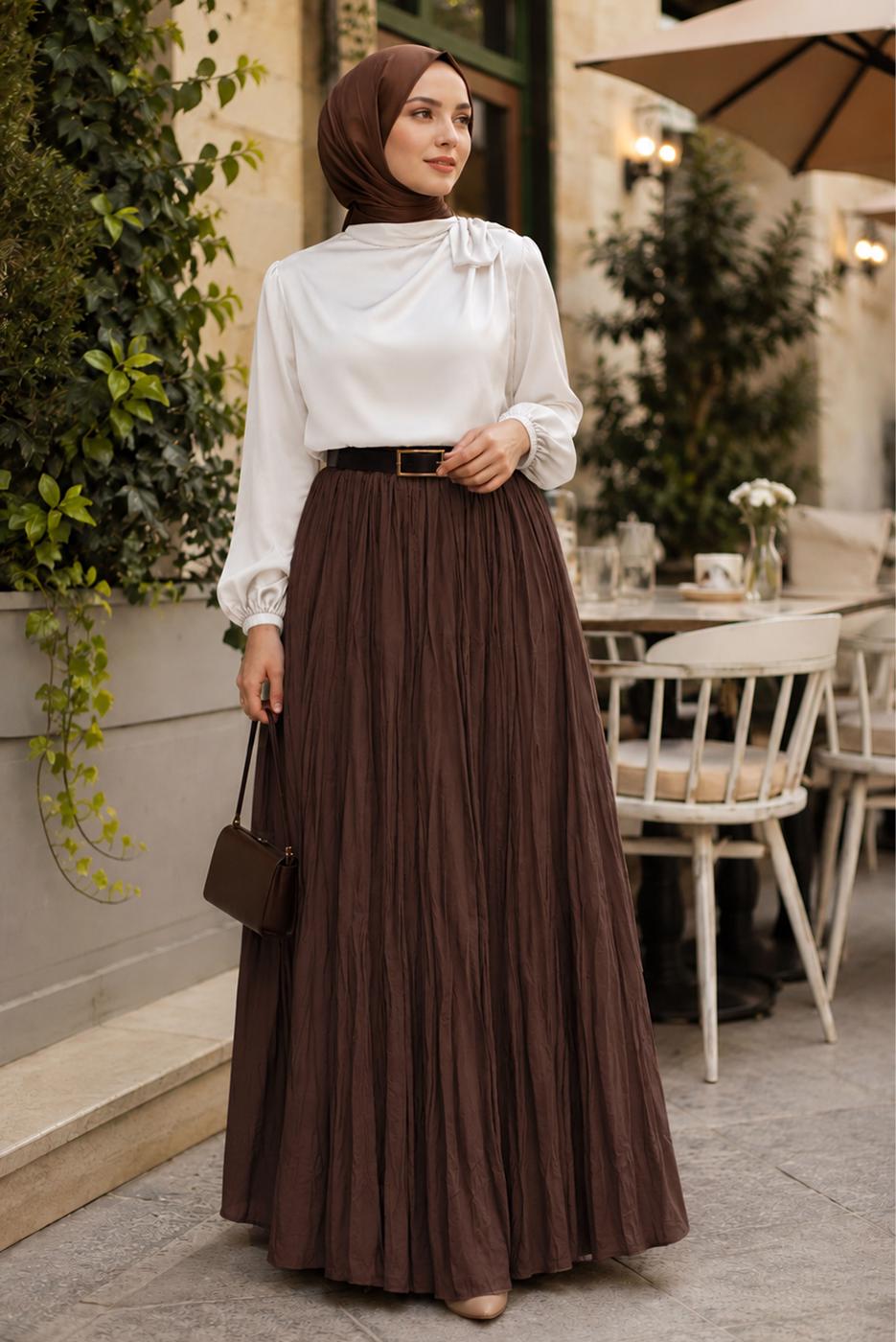 Vêtements hijab BRUN JUPE CRINKLE AVEC CEINTURE T 3701