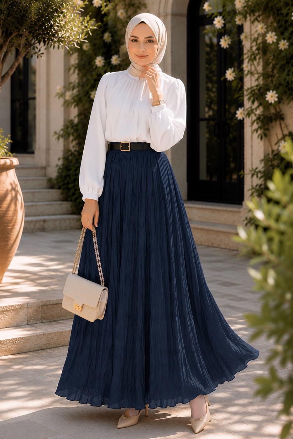 Vêtements hijab BLEU MARINE JUPE CRINKLE AVEC CEINTURE T 3701