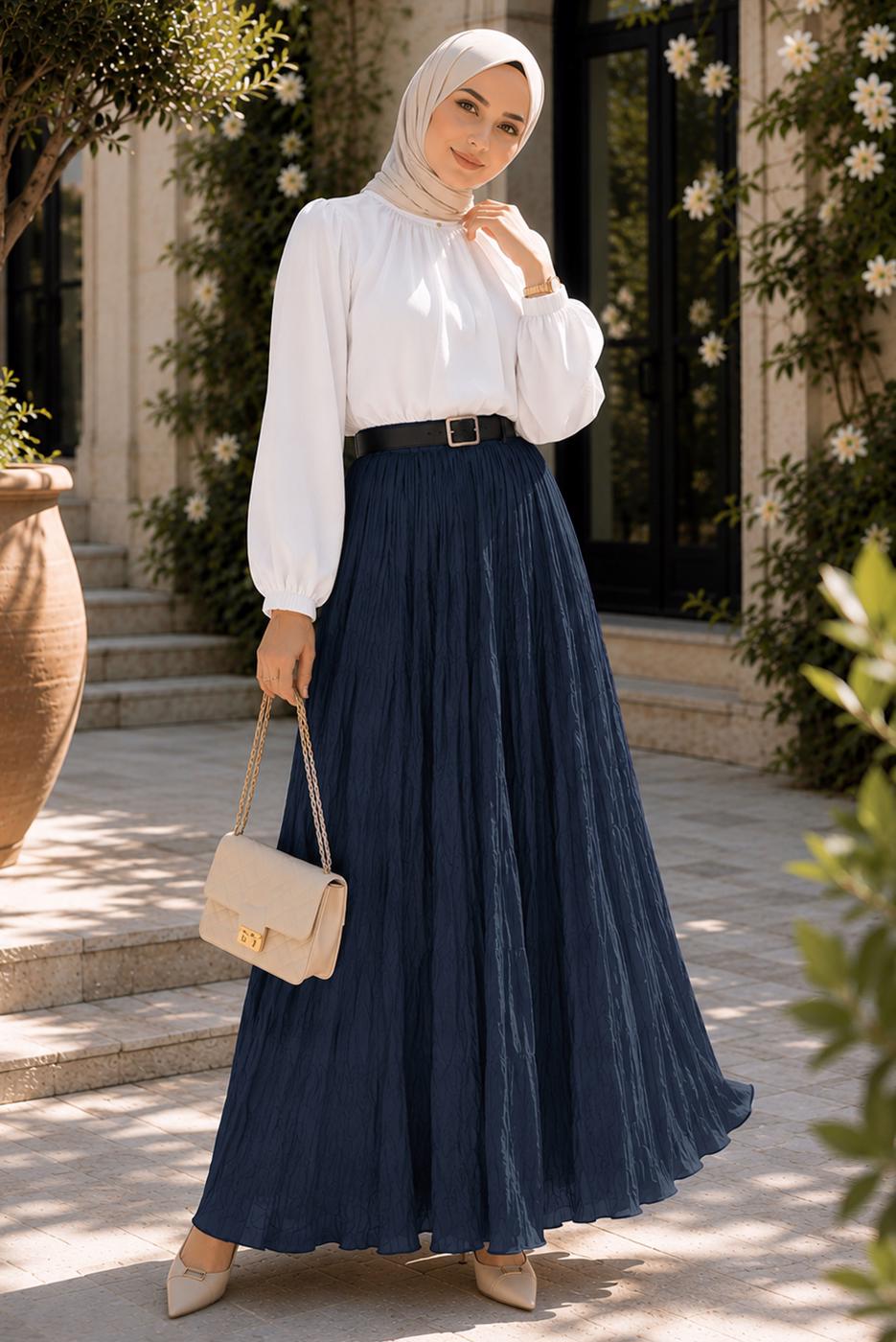 Vêtements hijab BLEU MARINE JUPE CRINKLE AVEC CEINTURE T 3701