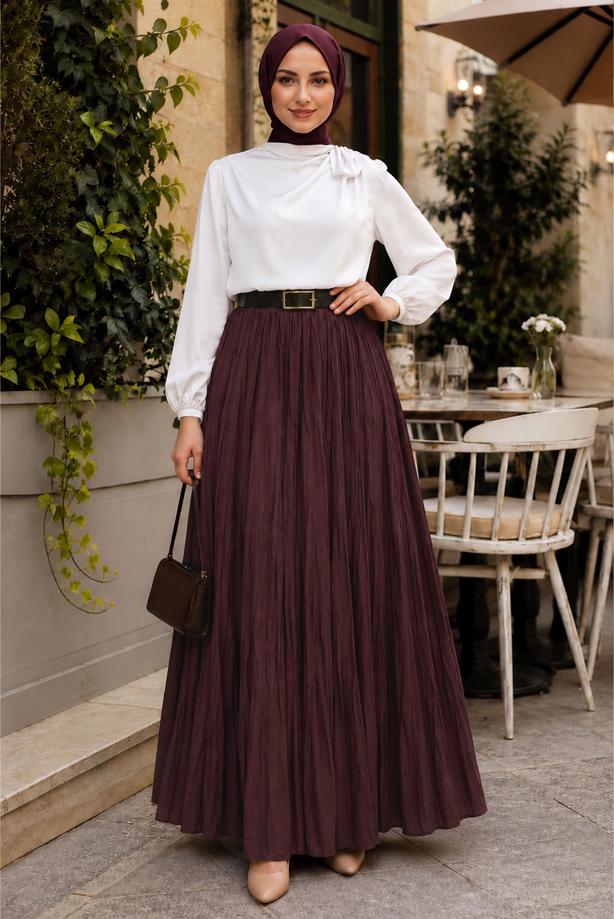 Vêtements hijab PRUNE JUPE CRINKLE AVEC CEINTURE T 3701 - TRENDTESETTÜR