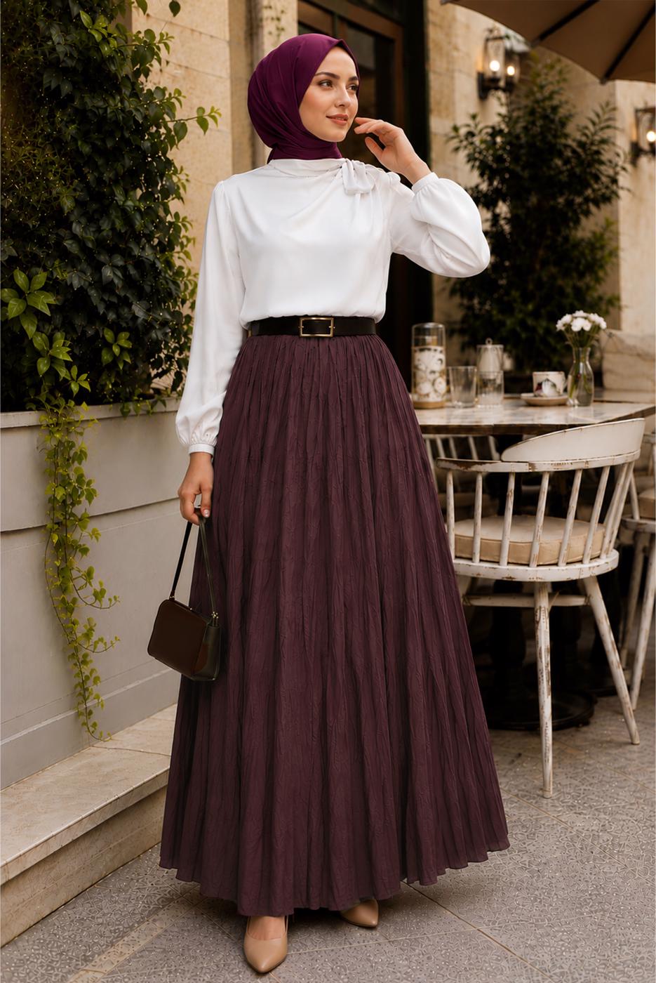 Vêtements hijab PRUNE JUPE CRINKLE AVEC CEINTURE T 3701