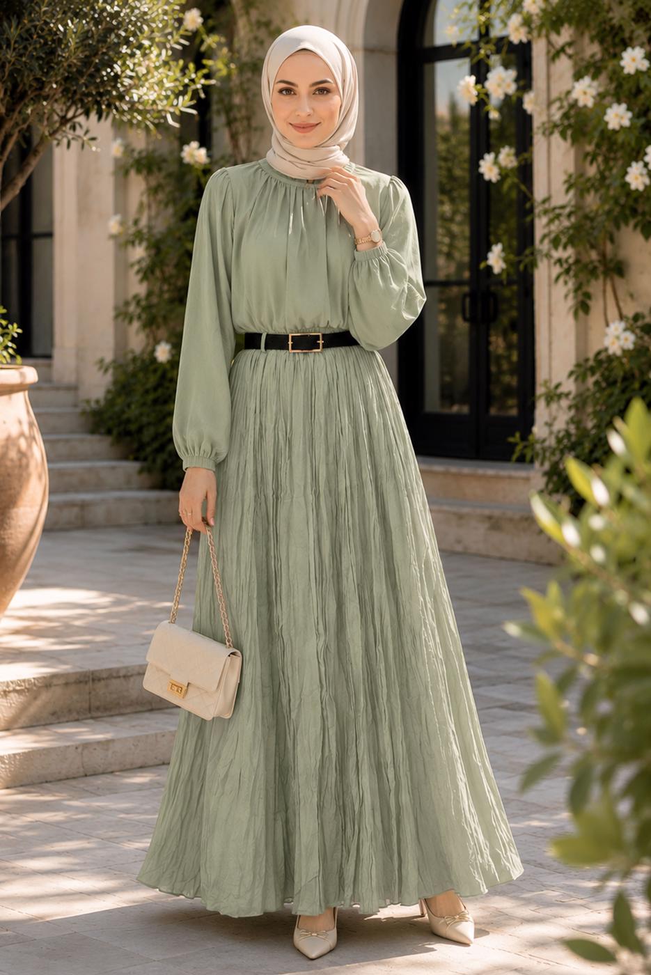 Vêtements hijab VERT JUPE CRINKLE AVEC CEINTURE T 3701