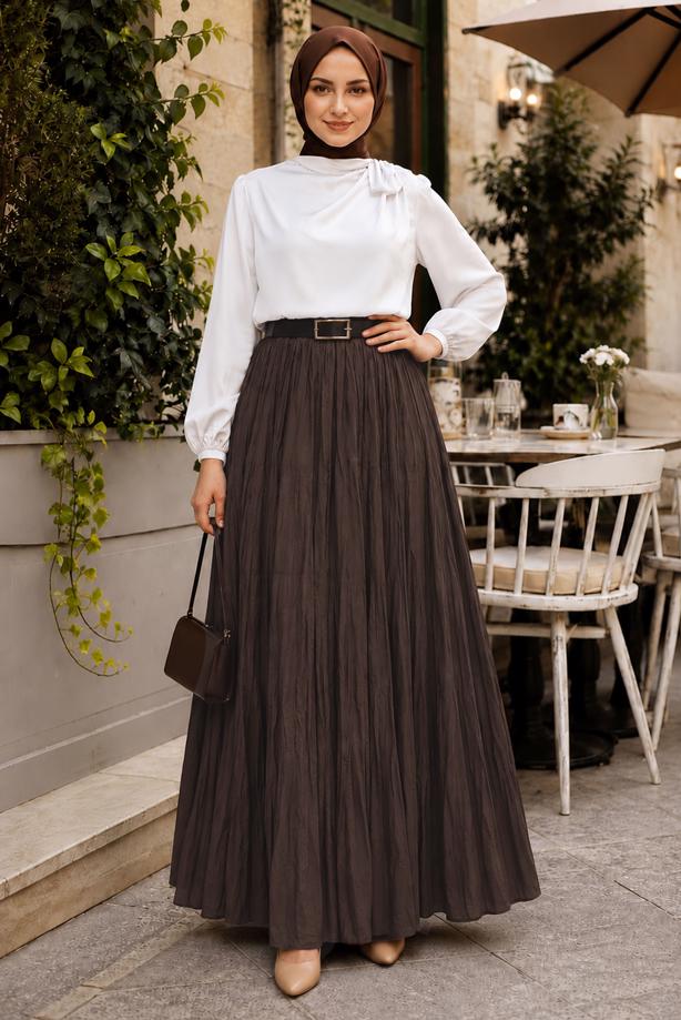 Vêtements hijab BRUN JUPE CRINKLE AVEC CEINTURE T 3701 - TRENDTESETTÜR