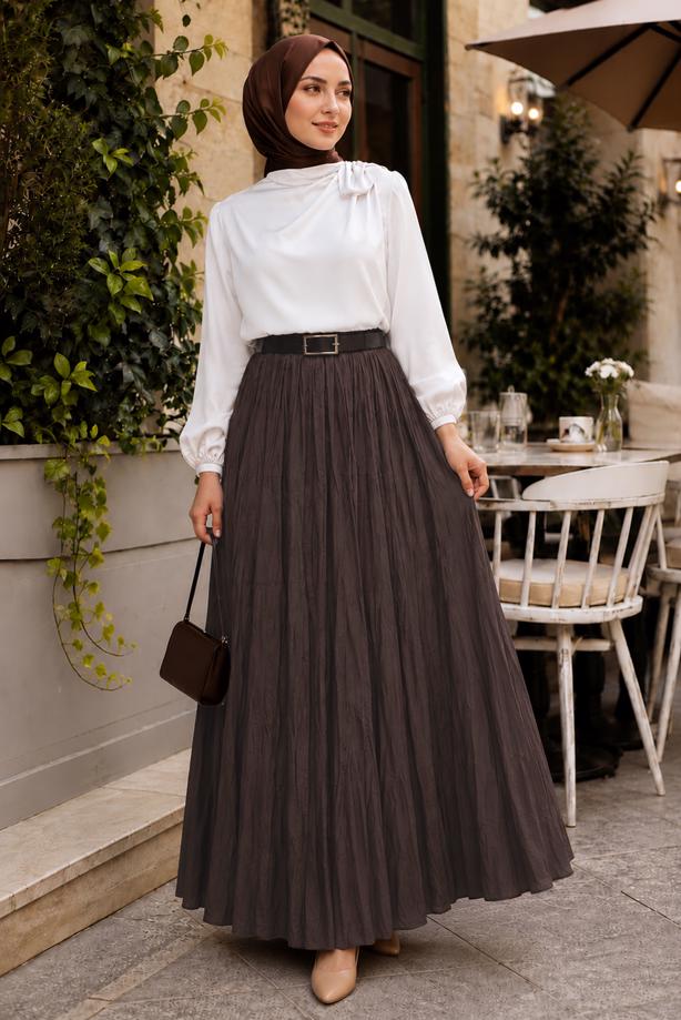 Vêtements hijab BRUN JUPE CRINKLE AVEC CEINTURE T 3701 - TRENDTESETTÜR