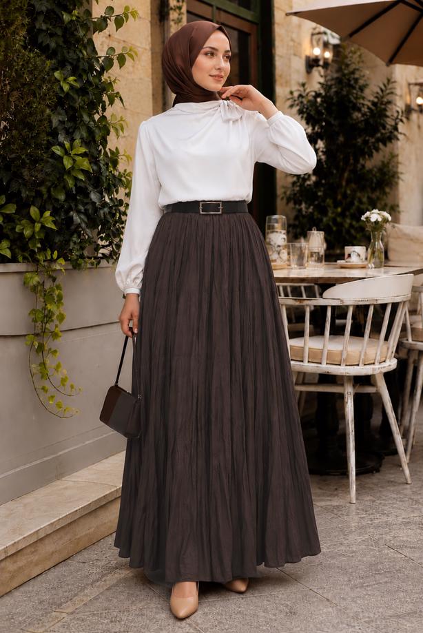 Vêtements hijab BRUN JUPE CRINKLE AVEC CEINTURE T 3701 - TRENDTESETTÜR