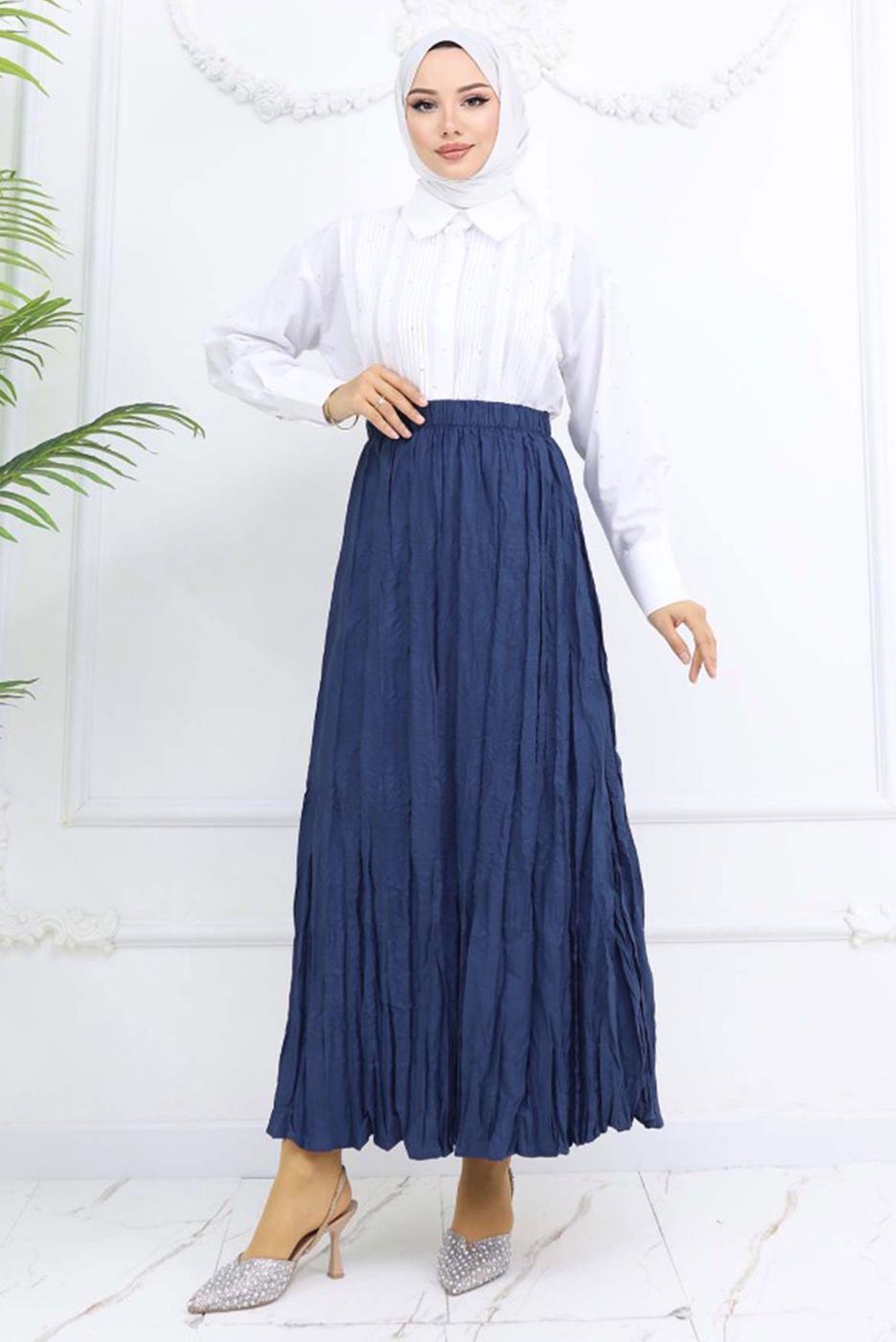 Hijab clothing NAVY BLUE WRINKLE EFFECT SKIRT T 5343
