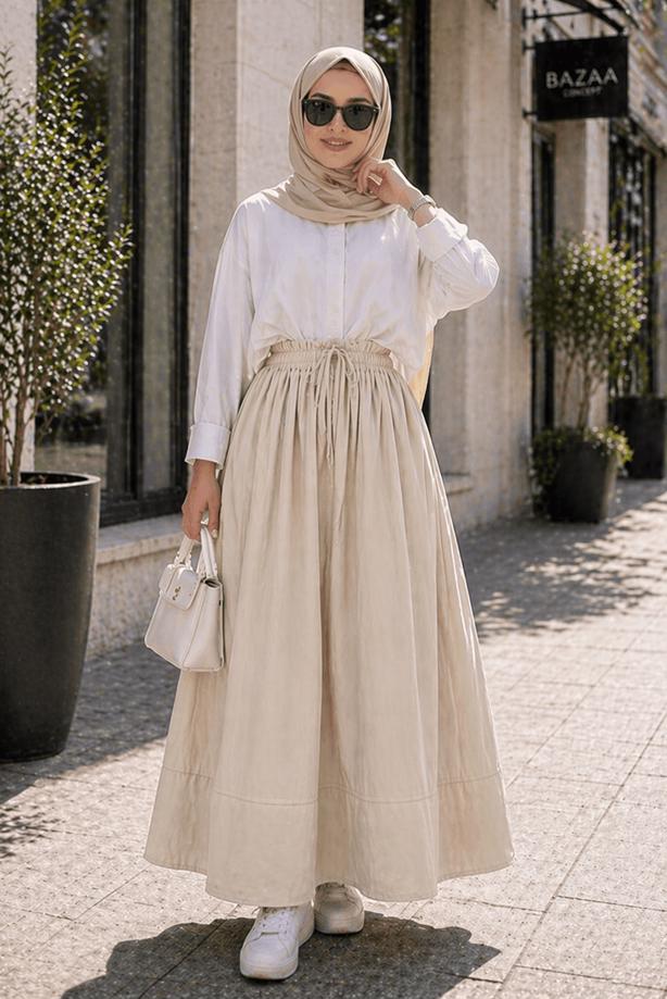 Vêtements hijab BEIGE JUPE EN COTON AVEC POCHES T 5433 - TRENDTESETTÜR