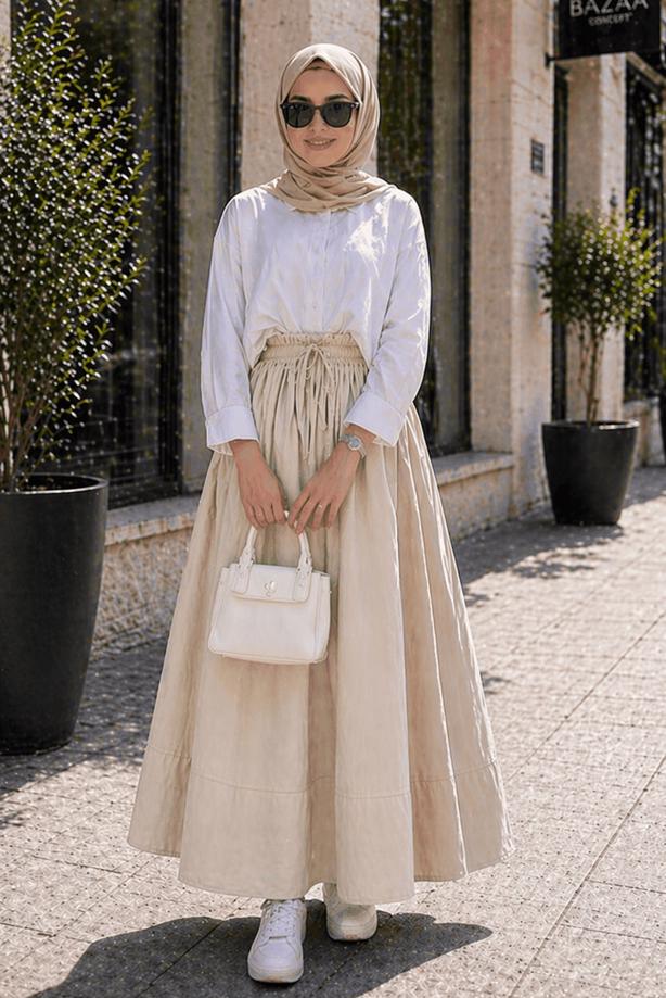 Vêtements hijab BEIGE JUPE EN COTON AVEC POCHES T 5433 - TRENDTESETTÜR