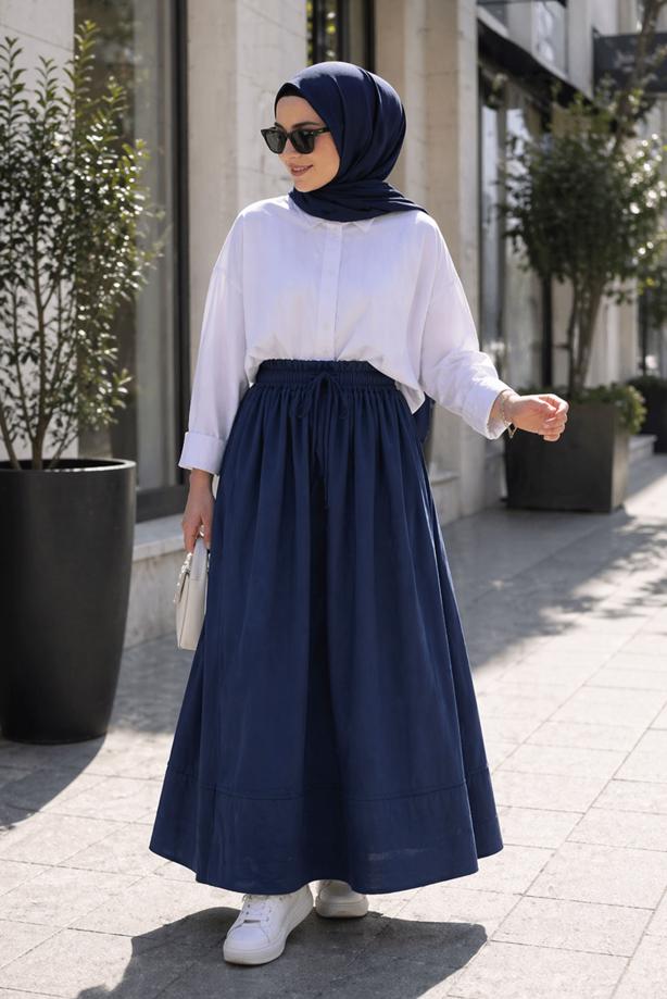 Vêtements hijab BLEU MARINE JUPE EN COTON AVEC POCHES T 5433 - TRENDTESETTÜR