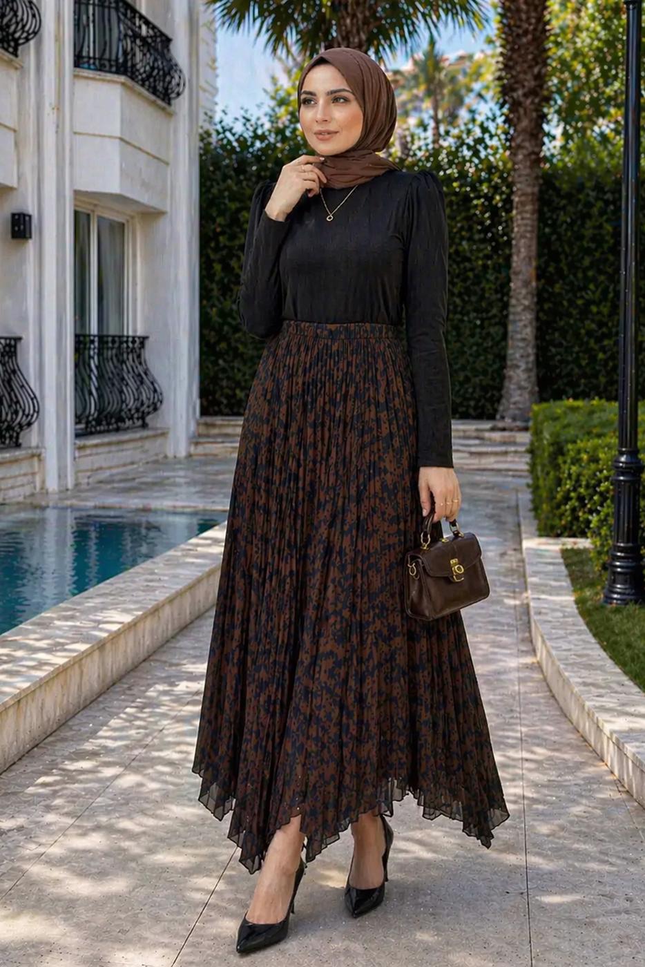 Hijab clothing BROWN ASYMMETRIC CUT PATTERNED SKIRT T 5609