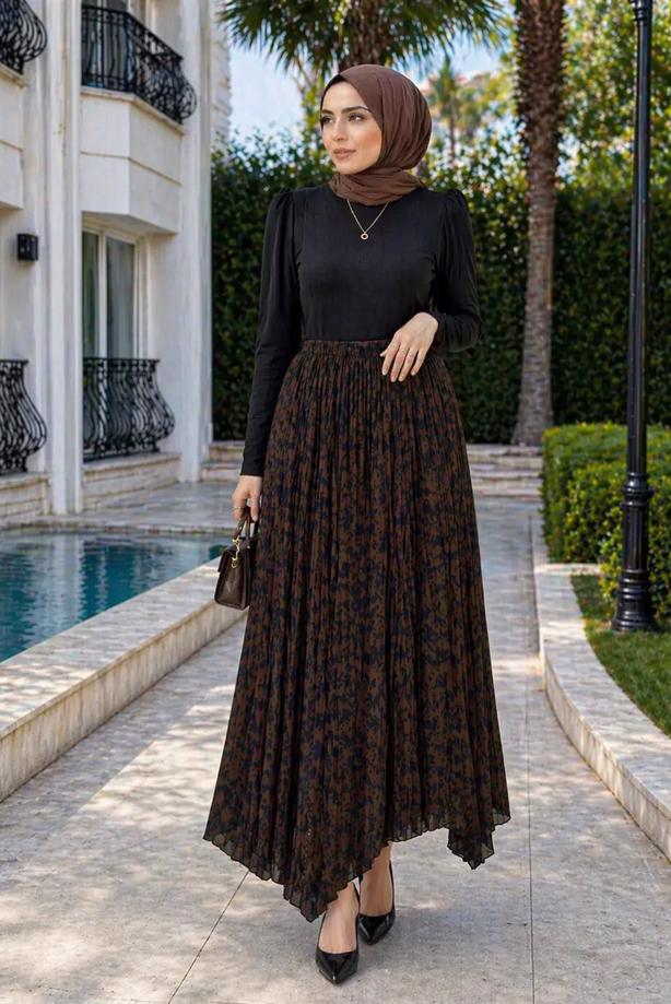 Hijab clothing BROWN ASYMMETRIC CUT PATTERNED SKIRT T 5609 - TRENDTESETTÜR