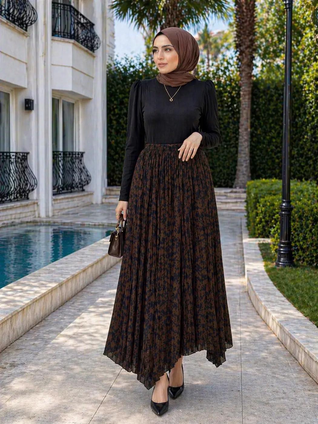Hijab clothing BROWN ASYMMETRIC CUT PATTERNED SKIRT T 5609