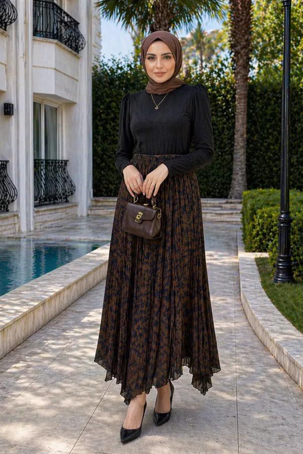 Hijab clothing BROWN ASYMMETRIC CUT PATTERNED SKIRT T 5609 - TRENDTESETTÜR