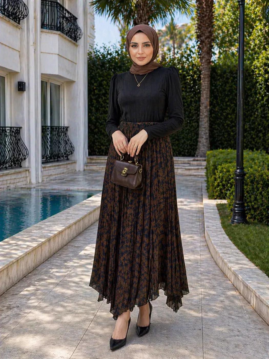 Hijab clothing BROWN ASYMMETRIC CUT PATTERNED SKIRT T 5609
