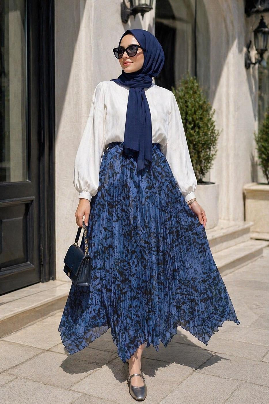 Hijab clothing NAVY BLUE ASYMMETRIC CUT PATTERNED SKIRT T 5609
