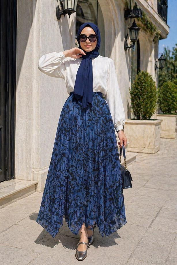 Hijab clothing NAVY BLUE ASYMMETRIC CUT PATTERNED SKIRT T 5609 - TRENDTESETTÜR