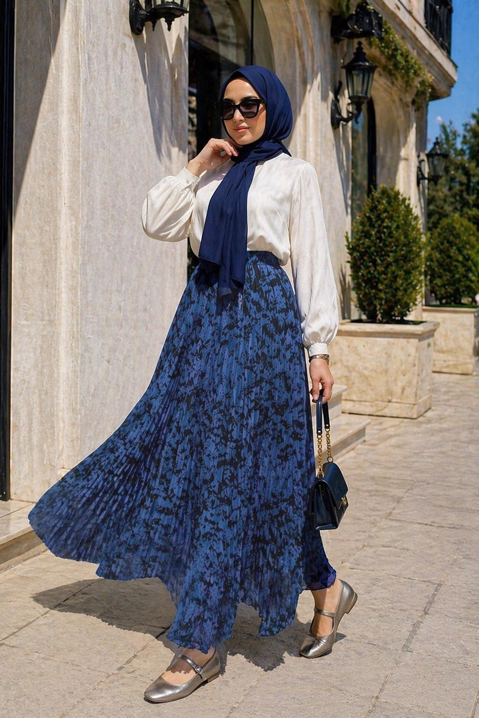 Hijab clothing NAVY BLUE ASYMMETRIC CUT PATTERNED SKIRT T 5609