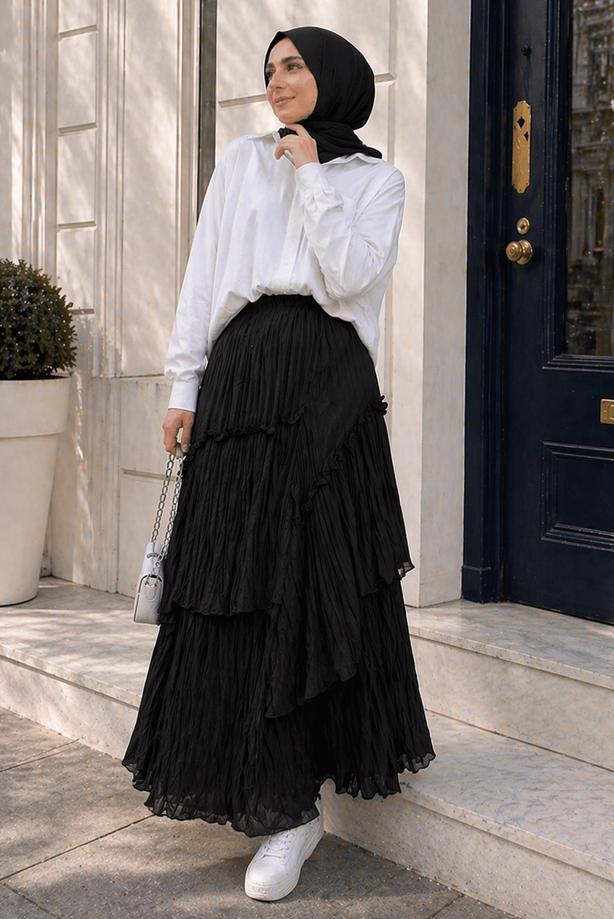Vêtements hijab NOIR JUPE EN VOILE SUPERPOSÉ T 7652 - TRENDTESETTÜR