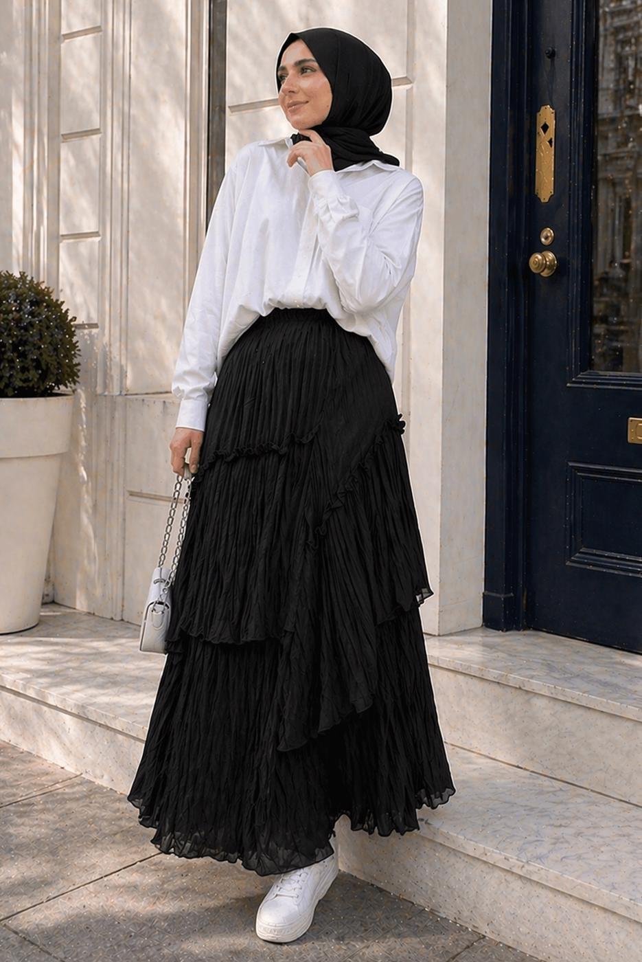 Vêtements hijab NOIR JUPE EN VOILE SUPERPOSÉ T 7652