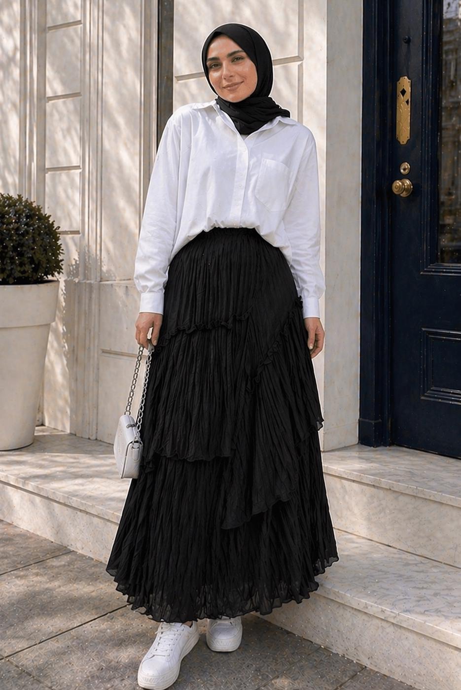 Vêtements hijab NOIR JUPE EN VOILE SUPERPOSÉ T 7652