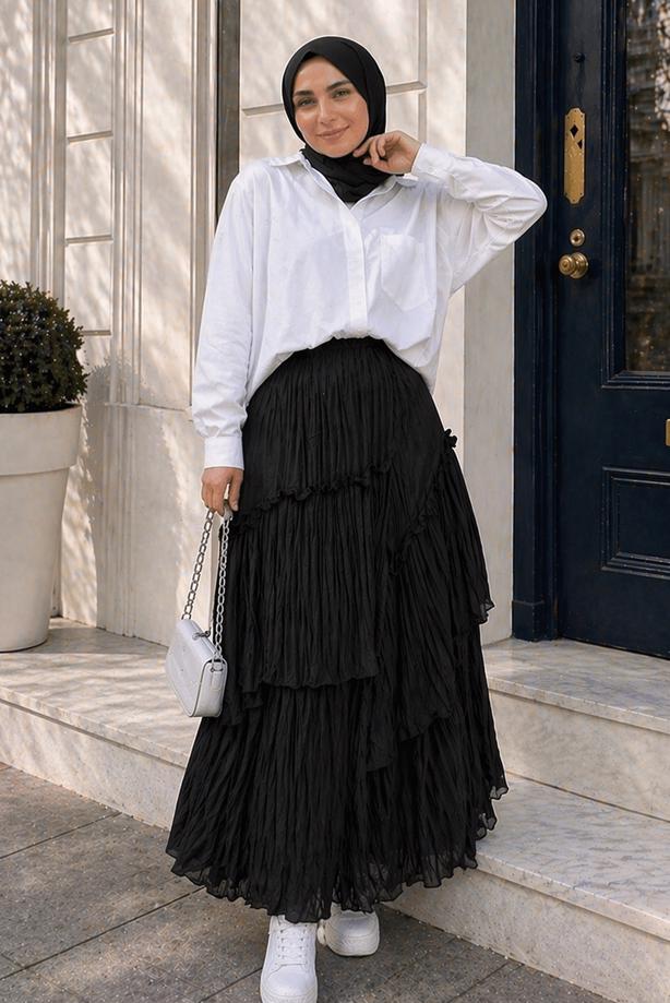 Vêtements hijab NOIR JUPE EN VOILE SUPERPOSÉ T 7652 - TRENDTESETTÜR