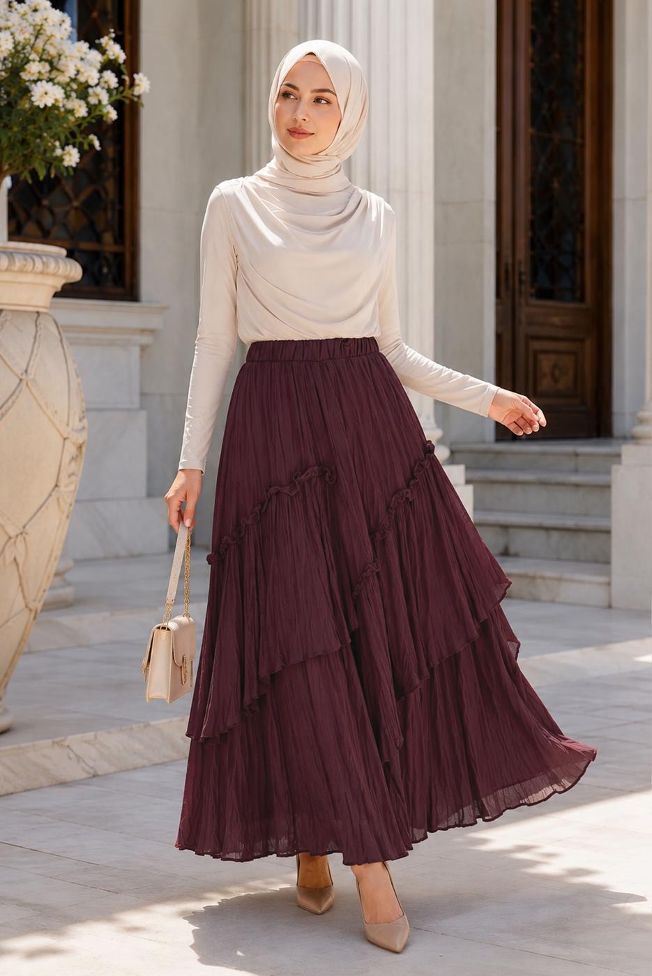 Vêtements hijab ROUGE BORDEAUX JUPE EN VOILE SUPERPOSÉ T 7652