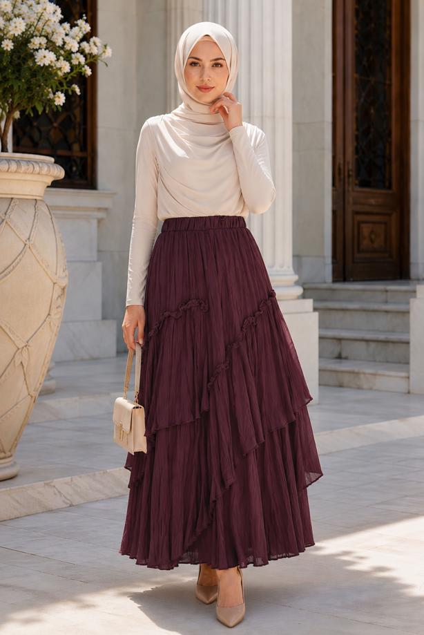 Vêtements hijab ROUGE BORDEAUX JUPE EN VOILE SUPERPOSÉ T 7652 - TRENDTESETTÜR