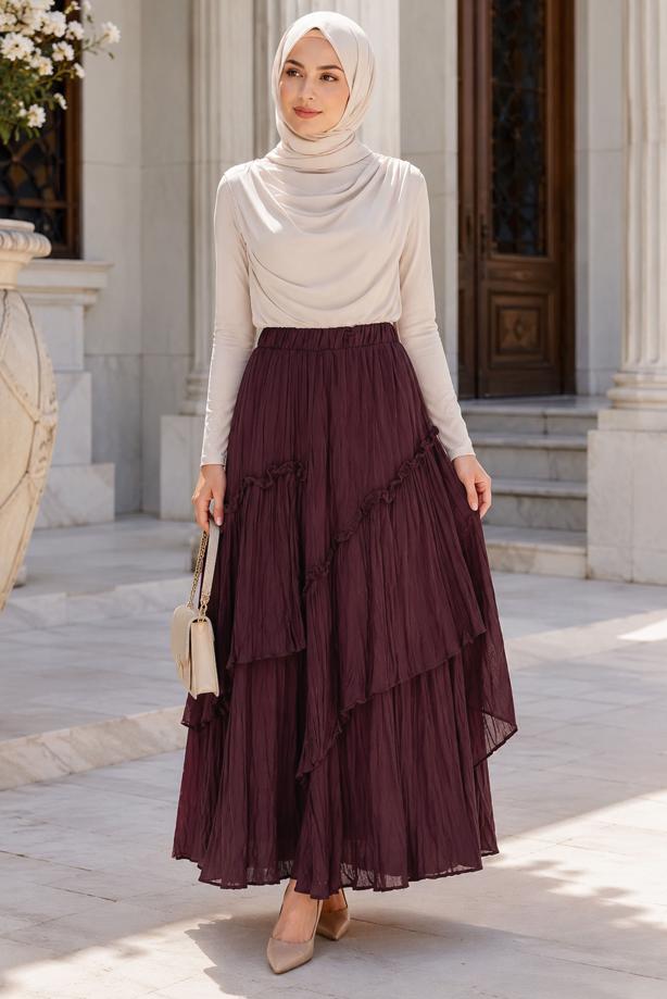 Vêtements hijab ROUGE BORDEAUX JUPE EN VOILE SUPERPOSÉ T 7652 - TRENDTESETTÜR