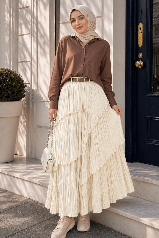 Vêtements hijab ÉCRU JUPE EN VOILE SUPERPOSÉ T 7652 - TRENDTESETTÜR