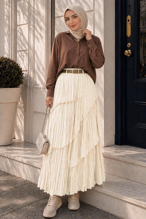 Vêtements hijab ÉCRU JUPE EN VOILE SUPERPOSÉ T 7652 - TRENDTESETTÜR