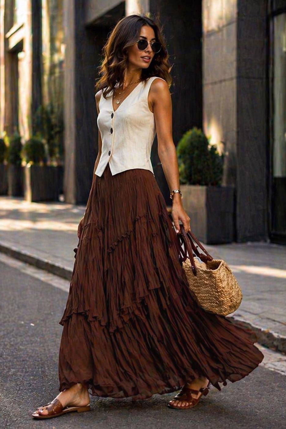 Vêtements hijab BRUN JUPE EN VOILE SUPERPOSÉ T 7652