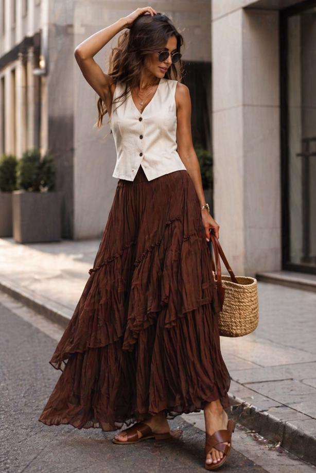 Vêtements hijab BRUN JUPE EN VOILE SUPERPOSÉ T 7652 - TRENDTESETTÜR